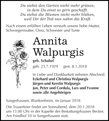 Traueranzeige von Annita Walpurgis von Super Sonntag SGH Mansf. Land