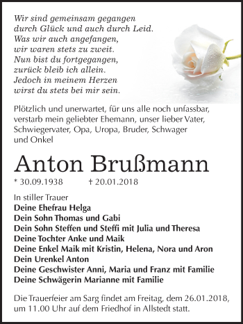 Traueranzeige von Anton Brußmann von Mitteldeutsche Zeitung Sangerhausen