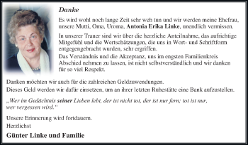 Traueranzeige von Antonia Erika Linke von Mitteldeutsche Zeitung Dessau-Roßlau
