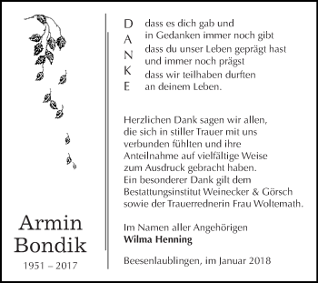 Traueranzeige von Armin Bondik von Super Sonntag Bernburg