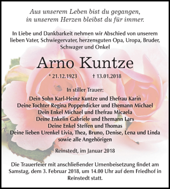 Traueranzeige von Arno Kuntze von Mitteldeutsche Zeitung Quedlinburg