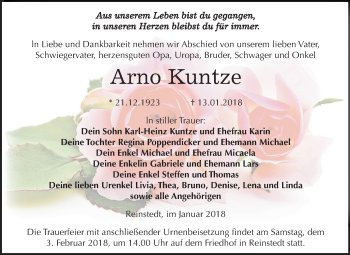 Traueranzeige von Arno Kuntze von Mitteldeutsche Zeitung Aschersleben