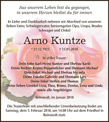 Traueranzeige von Arno Kuntze von Super Sonntag Aschersleben