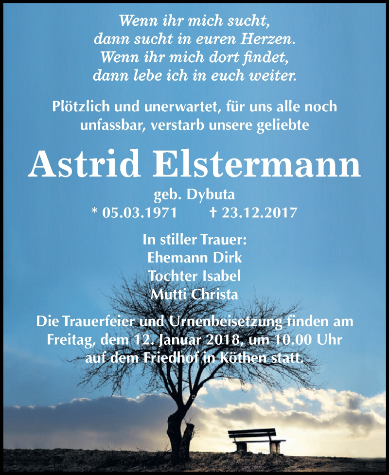  Traueranzeige für Astrid Elstermann vom 06.01.2018 aus WVG - Wochenspiegel Dessau / Köthen
