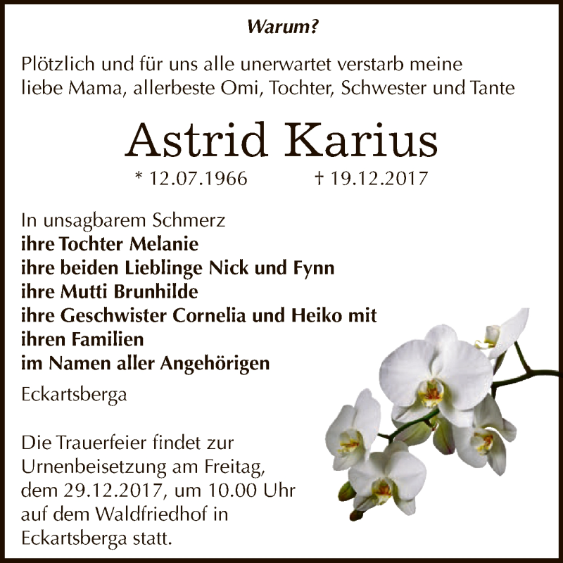  Traueranzeige für Astrid Karius vom 27.12.2017 aus WVG - Wochenspiegel NMB / WSF / ZTZ
