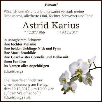 Traueranzeige von Astrid Karius von WVG - Wochenspiegel NMB / WSF / ZTZ