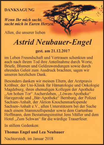 Traueranzeige von Astrid Neubauer-Engel von Super Sonntag Aschersleben