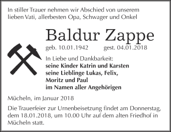 Traueranzeige von Baldur Zappe von WVG - Wochenspiegel Merseburg