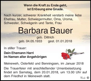 Traueranzeige von Barbara Bauer von Mitteldeutsche Zeitung Zeitz