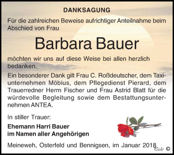 Traueranzeige von Barbara Bauer von Super Sonntag Zeitz