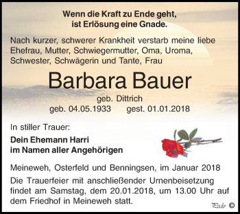 Traueranzeige von Barbara Bauer von Super Sonntag Zeitz