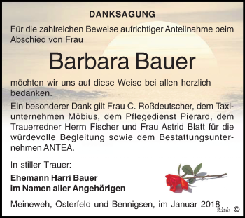Traueranzeige von Barbara Bauer von Mitteldeutsche Zeitung Zeitz
