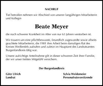Traueranzeige von Beate Meyer von Mitteldeutsche Zeitung Weißenfels