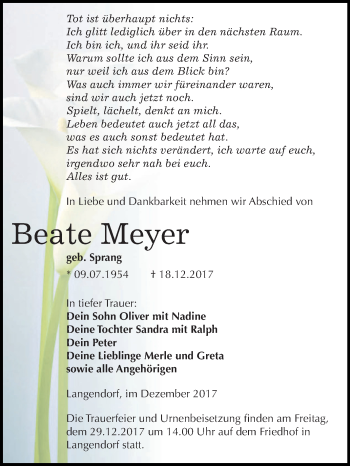Traueranzeige von Beate Meyer von WVG - Wochenspiegel NMB / WSF / ZTZ