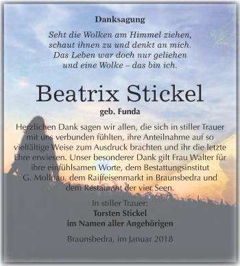 Traueranzeige von Beatrix Stickel von WVG - Wochenspiegel Merseburg