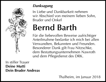 Traueranzeige von Bernd Barth von Mitteldeutsche Zeitung Bitterfeld