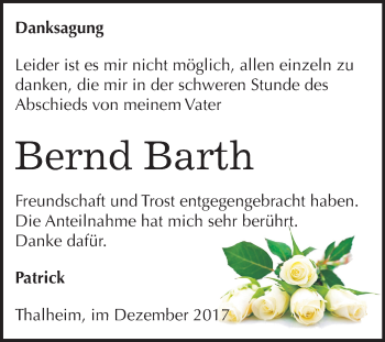 Traueranzeige von Bernd Barth von Mitteldeutsche Zeitung Bitterfeld