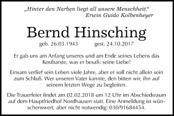 Traueranzeige von Bernd Hinsching von Mitteldeutsche Zeitung Sangerhausen