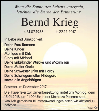 Traueranzeige von Bernd Krieg von Mitteldeutsche Zeitung Weißenfels