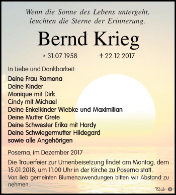Traueranzeige von Bernd Krieg von WVG - Wochenspiegel NMB / WSF / ZTZ