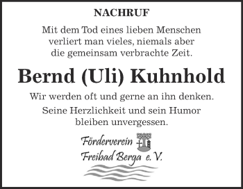 Traueranzeige von Bernd Kuhnhold von Super Sonntag SGH Mansf. Land