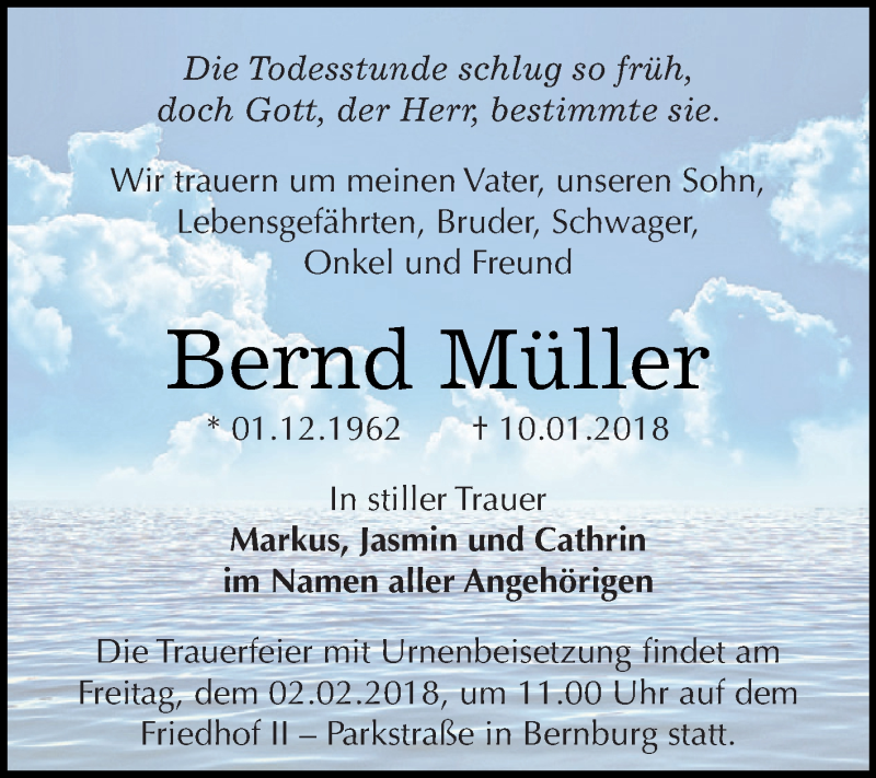  Traueranzeige für Bernd Müller vom 20.01.2018 aus Super Sonntag Bernburg