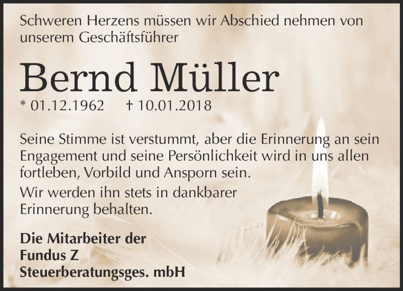  Traueranzeige für Bernd Müller vom 27.01.2018 aus Super Sonntag Bernburg