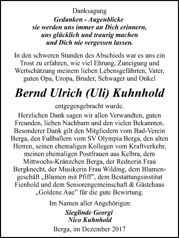 Traueranzeige von Bernd Kuhnhold von Mitteldeutsche Zeitung Sangerhausen