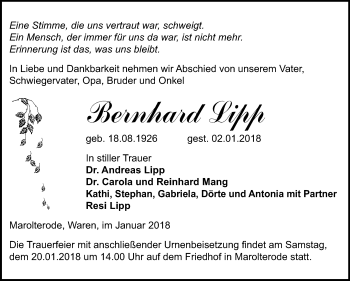 Traueranzeige von Bernhard Lipp von Mitteldeutsche Zeitung Bitterfeld