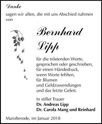 Traueranzeige von Bernhard Lipp von Mitteldeutsche Zeitung Bitterfeld
