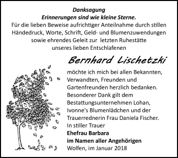Traueranzeige von Bernhard Lischetzki von Mitteldeutsche Zeitung Bitterfeld