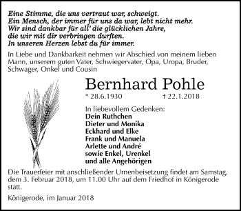 Traueranzeige von Bernhard Pohle von WVG - Wochenspiegel Quedlinburg