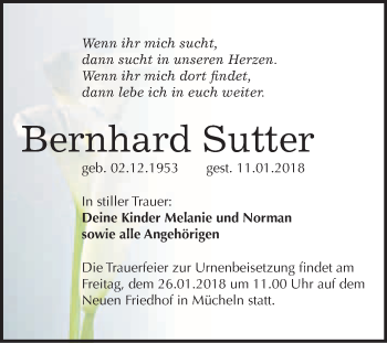 Traueranzeige von Bernhard Sutter von WVG - Wochenspiegel Merseburg
