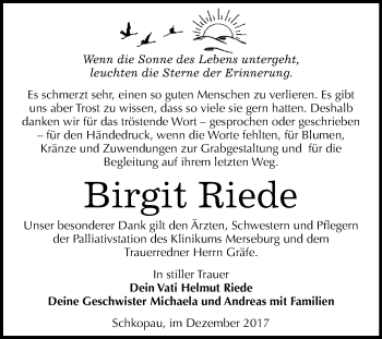 Traueranzeige von Birgit Riede von WVG - Wochenspiegel Merseburg