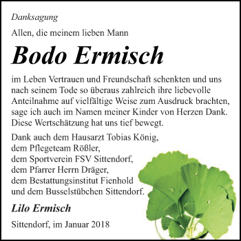 Traueranzeige von Bodo Ermisch von Super Sonntag SGH Mansf. Land