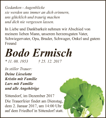 Traueranzeige von Bodo Ermisch von Super Sonntag SGH Mansf. Land