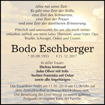 Traueranzeige von Bodo Eschberger von WVG - Wochenspiegel Dessau / Köthen