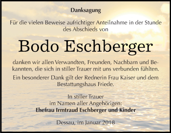 Traueranzeige von Bodo Eschberger von WVG - Wochenspiegel Dessau / Köthen