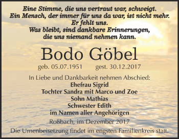 Traueranzeige von Bodo Göbel von WVG - Wochenspiegel Merseburg
