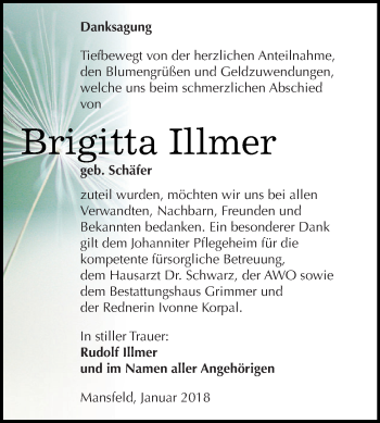 Traueranzeige von Brigitta Illmer von Wochenspiegel Mansfelder Land