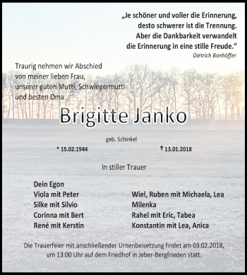 Traueranzeige von Brigitte Janko von Mitteldeutsche Zeitung