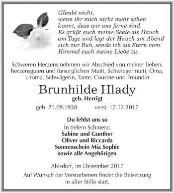 Traueranzeige von Brunhilde Hlady von Wochenspiegel Mansfelder Land