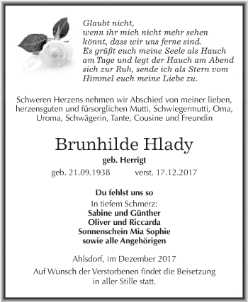 Traueranzeige von Brunhilde Hlady von Wochenspiegel Mansfelder Land