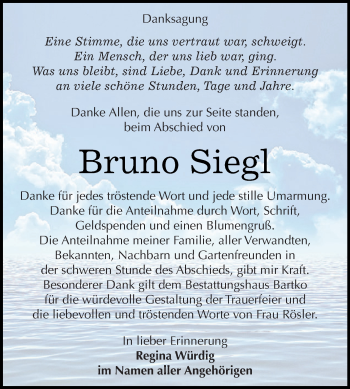 Traueranzeige von Bruno Siegl von WVG - Wochenspiegel Dessau / Köthen