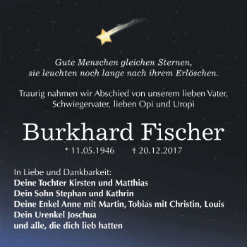 Traueranzeige von Burkhard Fischer von WVG - Wochenspiegel Bitterfeld