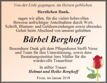 Traueranzeige von Bärbel Berghoff von Super Sonntag Aschersleben
