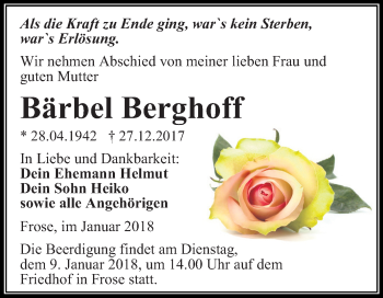 Traueranzeige von Bärbel Berghoff von Mitteldeutsche Zeitung Aschersleben