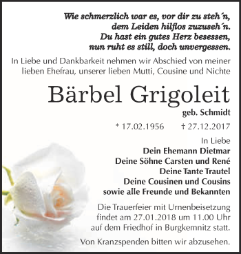 Traueranzeige von Bärbel Grigoleit von WVG - Wochenspiegel Bitterfeld