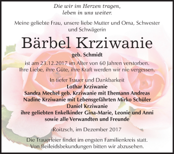 Traueranzeige von Bärbel Krziwanie von Mitteldeutsche Zeitung Bitterfeld