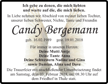 Traueranzeige von Candy Bergemann von Mitteldeutsche Zeitung Quedlinburg